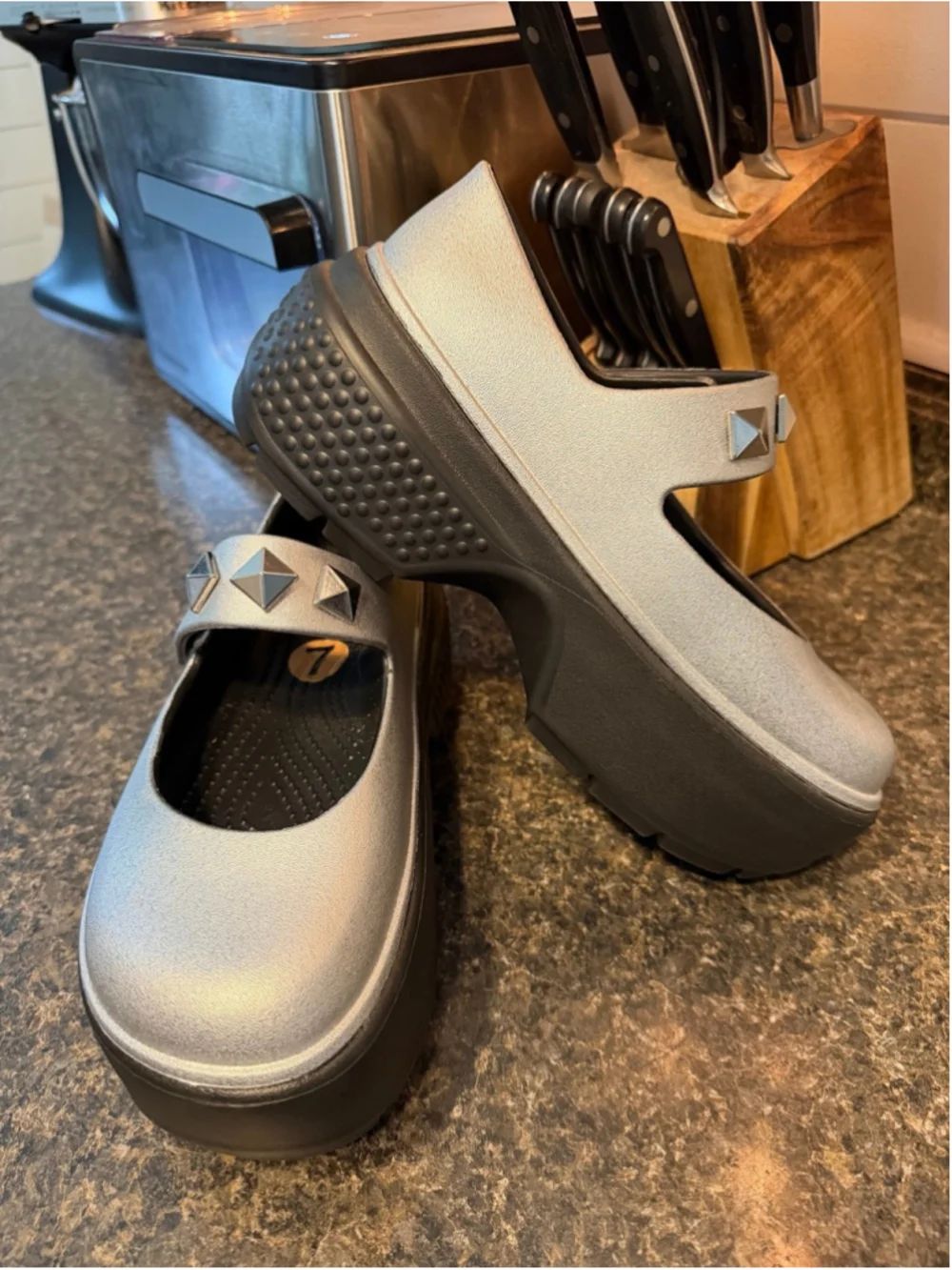 New Crocs STOMP METALLIC MARY JANE Platform Wedge Silver Shoes